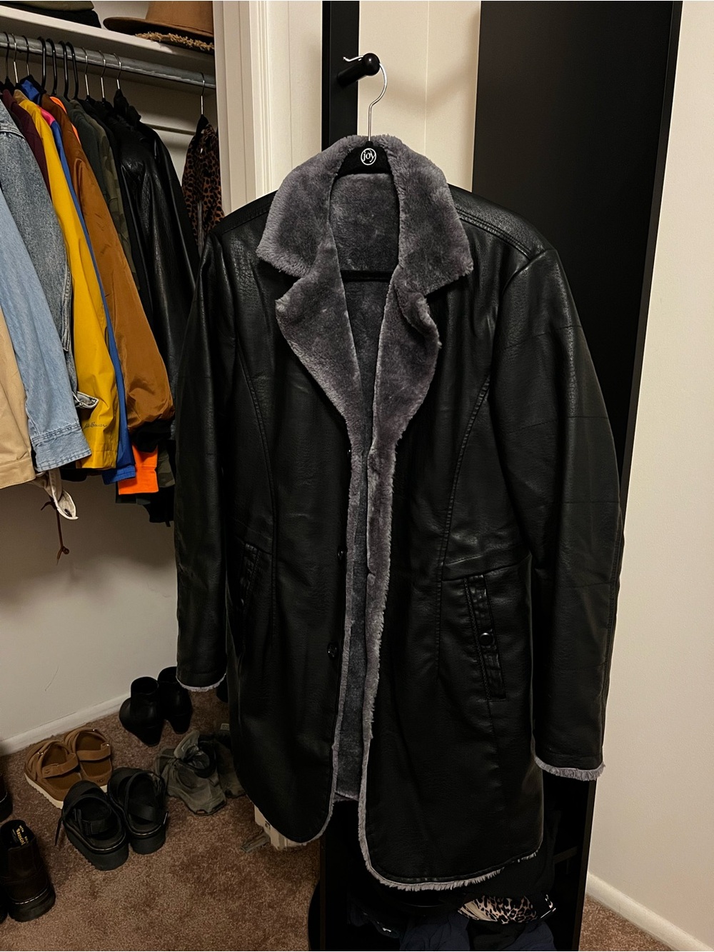 Black Faux Leather Coat with Gray Faux Fur Lining